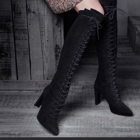 Stuart Weitzman Highstrung Suede Black Boots Stretch Knee Thigh Hi Lace Up Sz 10 - Picture 11 of 11